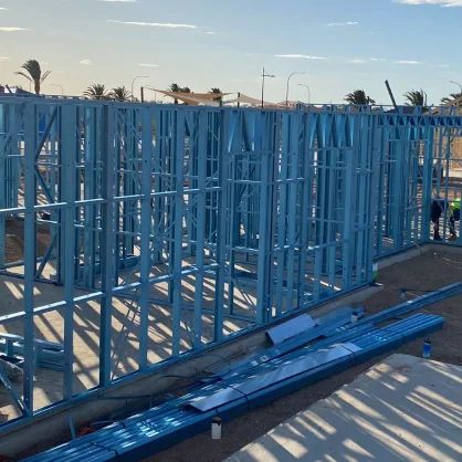 AAA project: Blue steel construction framework on site