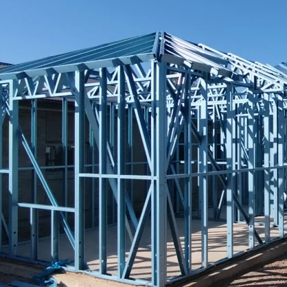 AAA project: Blue steel framework of a building under construction