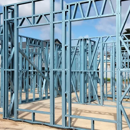 AAA project: Detailed view of a blue steel framework ready for construction