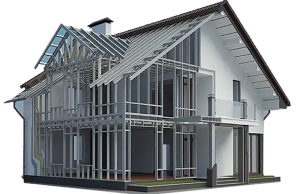 3D rendering of a house with a steel frame structure